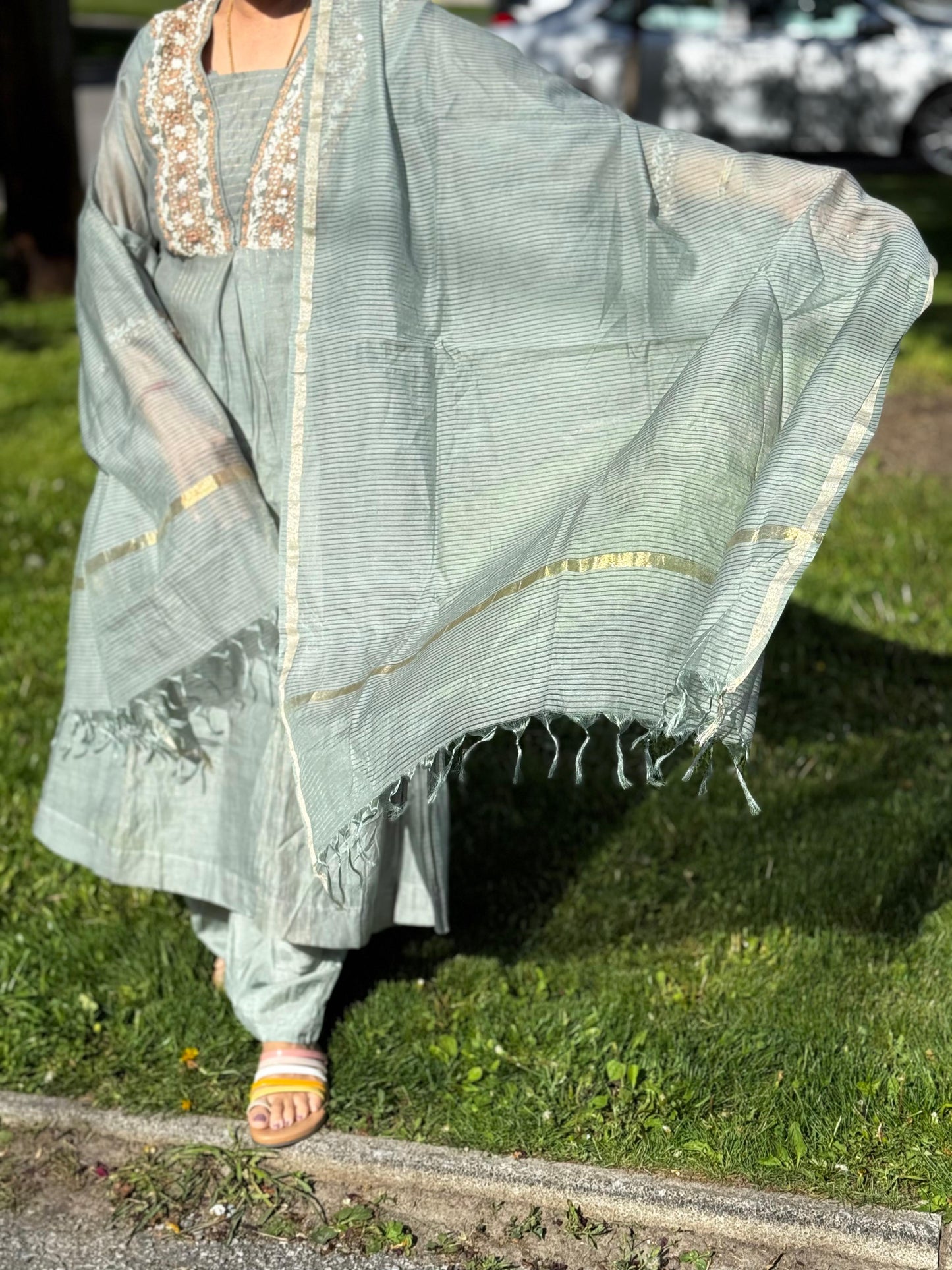 3pc Chanderi Silk with Kurti, Plazzo & Dupatta