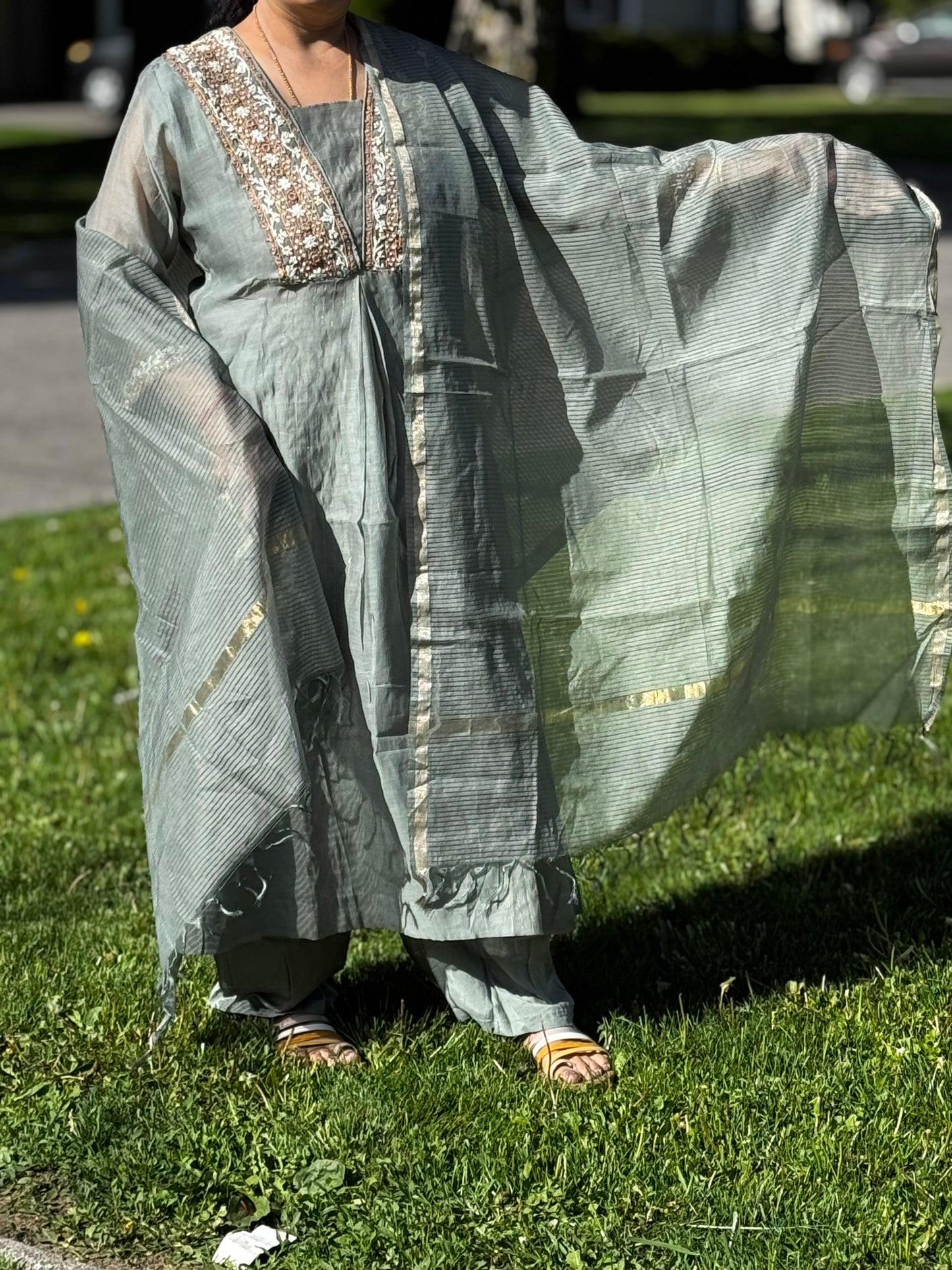 3pc Chanderi Silk with Kurti, Plazzo & Dupatta