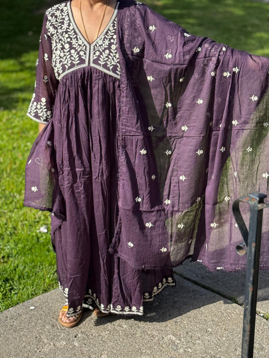 3pc Mul Cotton Flared Kurti, Pant & Dupatta